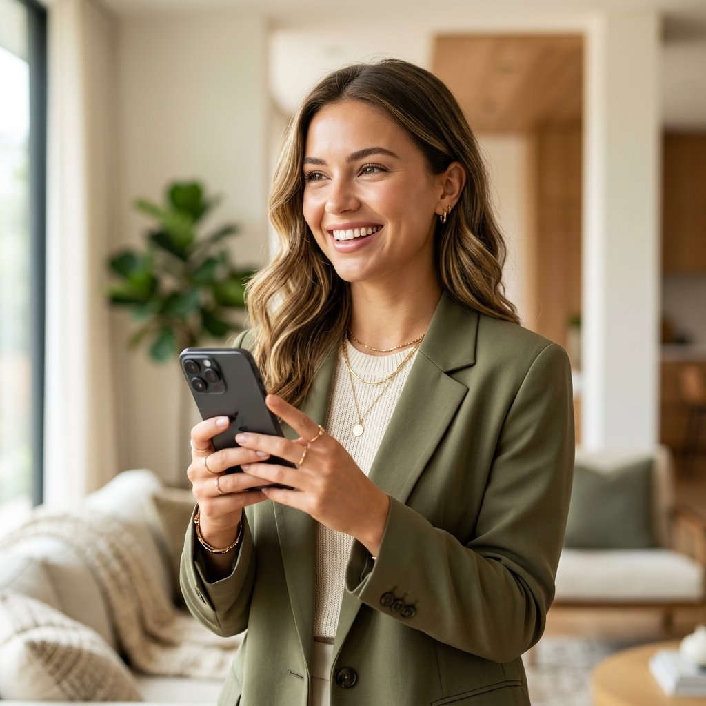Beautiful girl holding modern smartphone